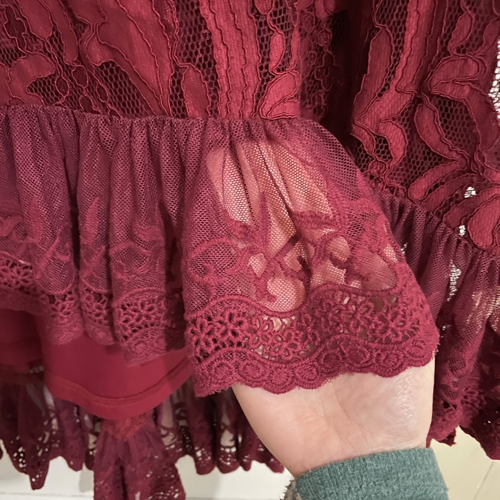 Dainty Jewell Women's Burgundy Lace Midi Dress with Ruffle Hem - Picture 6 of 12
